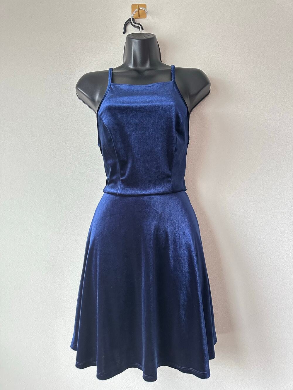 Y2K Blue Velvet Mini Dress Square Neck Fit Flare Party Cocktail Whimsy Goth S
